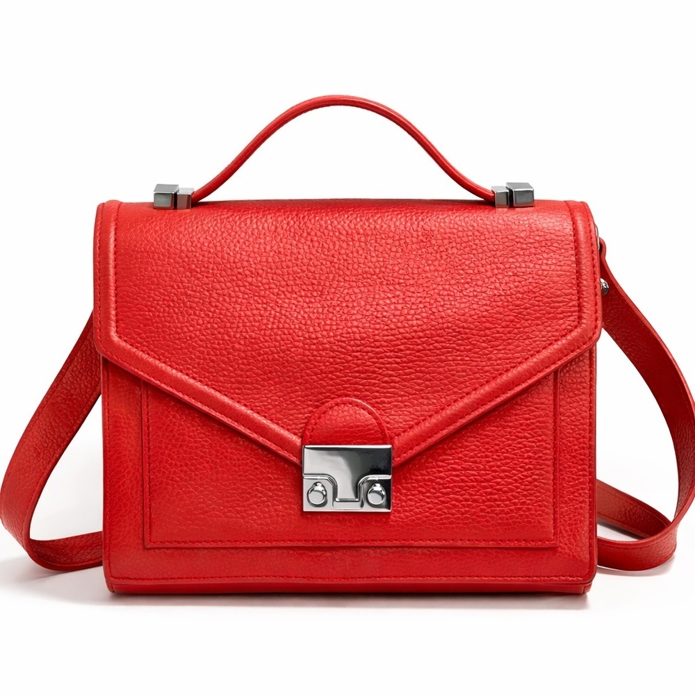 Loeffler Randall Red Pebbled Leather Top Handle Crossbody Satchel